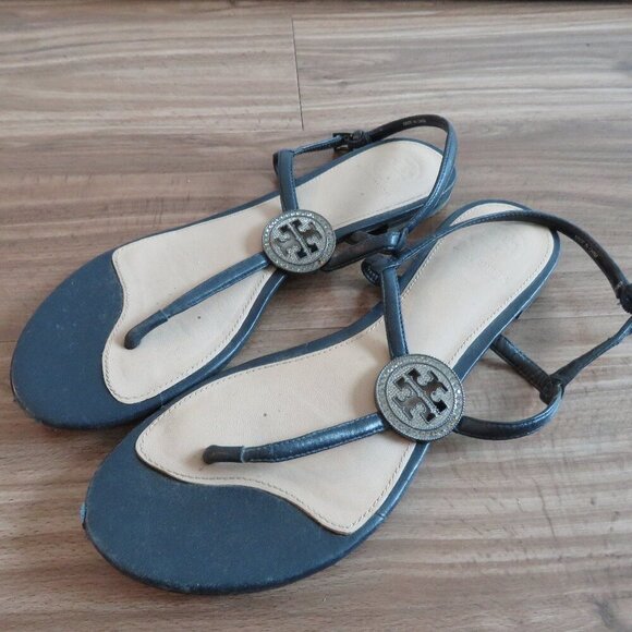 TORY BURCH Liana Flat Jewel Embellished Leather Thong Sandals in Blue Sz US 7.5 - Picture 2 of 15